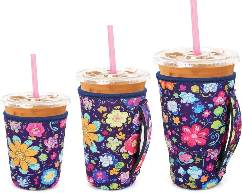 Snowso 3 Pack Iced Coffee sleeve Insulated Neoprene Cup Sleeves with handle For Cold Drinks Beverages, Reusable Cup Holder for 16oz-32oz Coffee Cups (Abstract Flowers) - Image 1